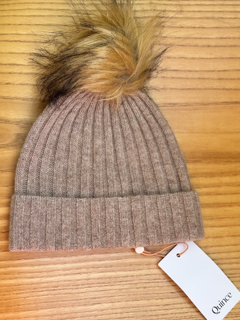Quince Mongolian Wool Cashmere Pom Pom Ribbed Knit Beanie Hat NEW W Tags Taupe